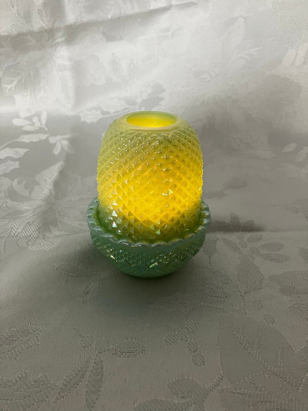 Mosser Glass Carnival Jadeite Fairy Lamp Glimmer Light Diamond Top Art Glass